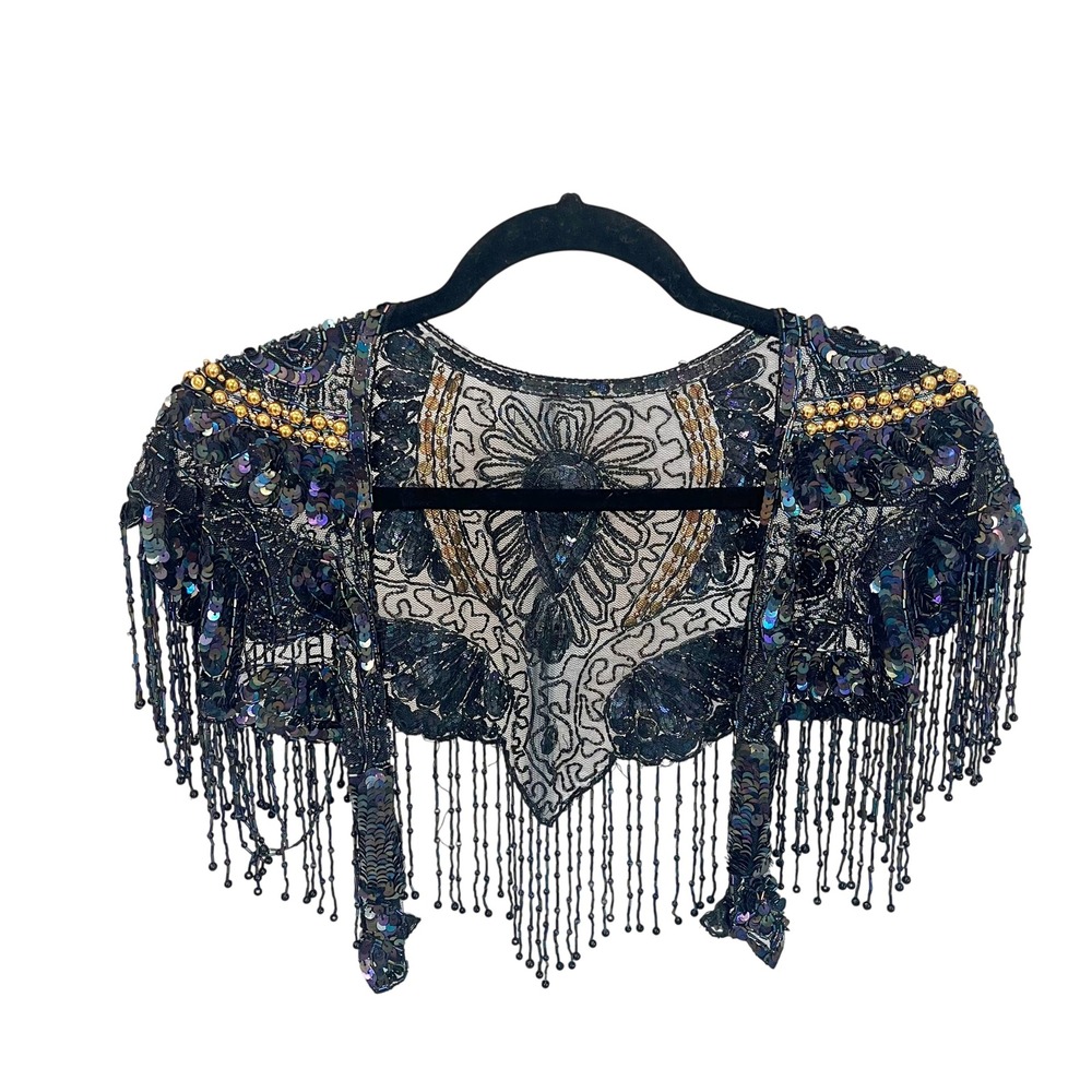 Vintage Sheer Black Sequin Beaded Fringe Bolero Shrug Art Deco Cropped Topper